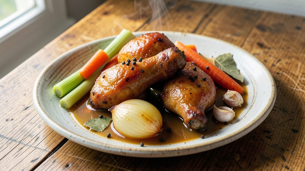 Boiled Chicken Drumsticks Recipe: Crispy Celery Crown Over Garlicky Herb Bliss