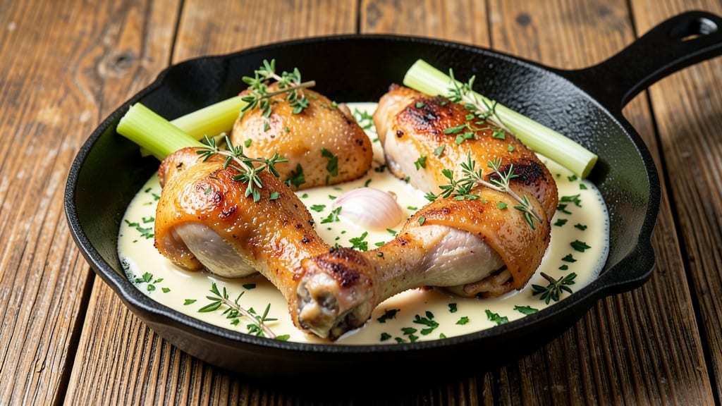 Boiled Chicken Legs Recipe: Crispy Celery Crown Over Herbed Butter Bliss